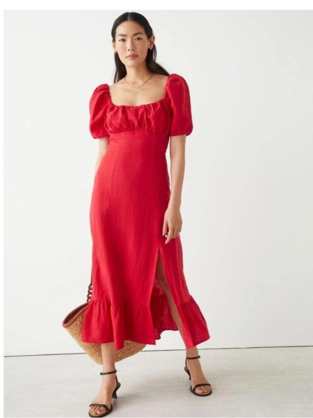& Other Stores Linen Red Puff-Sleeve Midi Dress